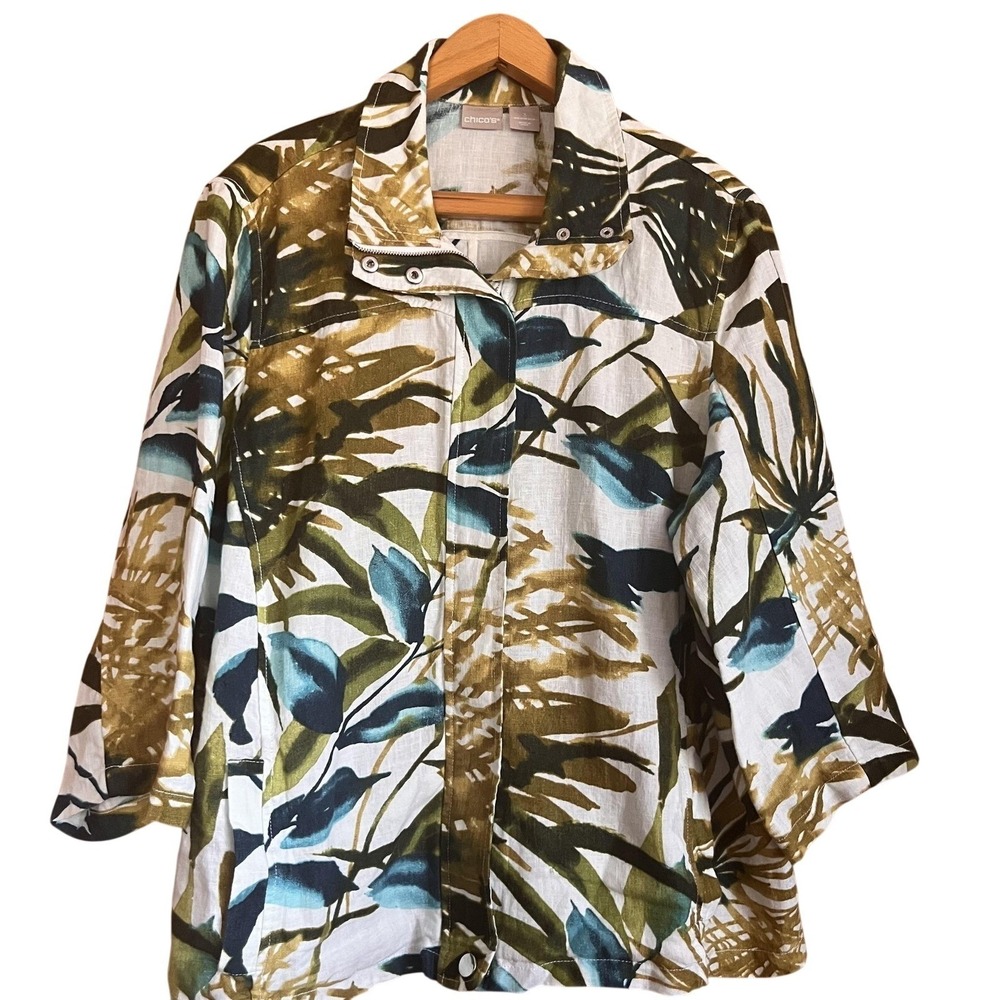 Chico's Jacket Womens Linen Tropical Print Zip 3/4 Sleeve